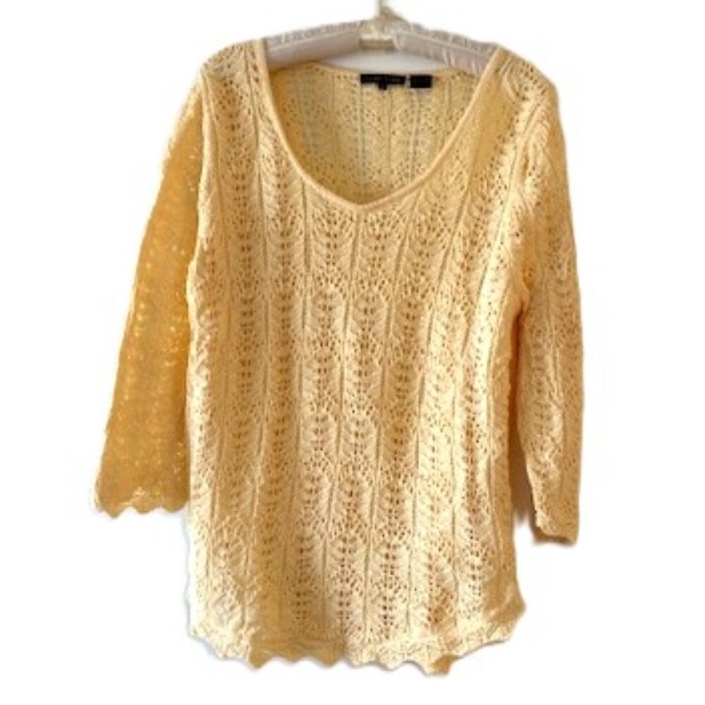 Jeanne Pierre All Cotton Lace Knit Top with Scalloped Hems